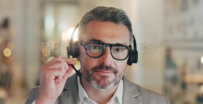 Buy stock photo Customer service, call center and portrait of mature man for telemarketing, communication and help. Office, night and face of person with headset for contact, CRM support or consulting in New Zealand