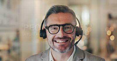 Buy stock photo Customer service, call center and portrait of happy man for telemarketing, communication and help. Office, night and mature person with headset for contact, crm support and consulting in Netherlands