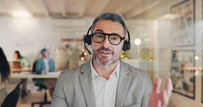 Buy stock photo Customer service, video call and portrait of man in call center for telemarketing, communication and webinar. Office, night and person with headset for online conference, crm support and consulting