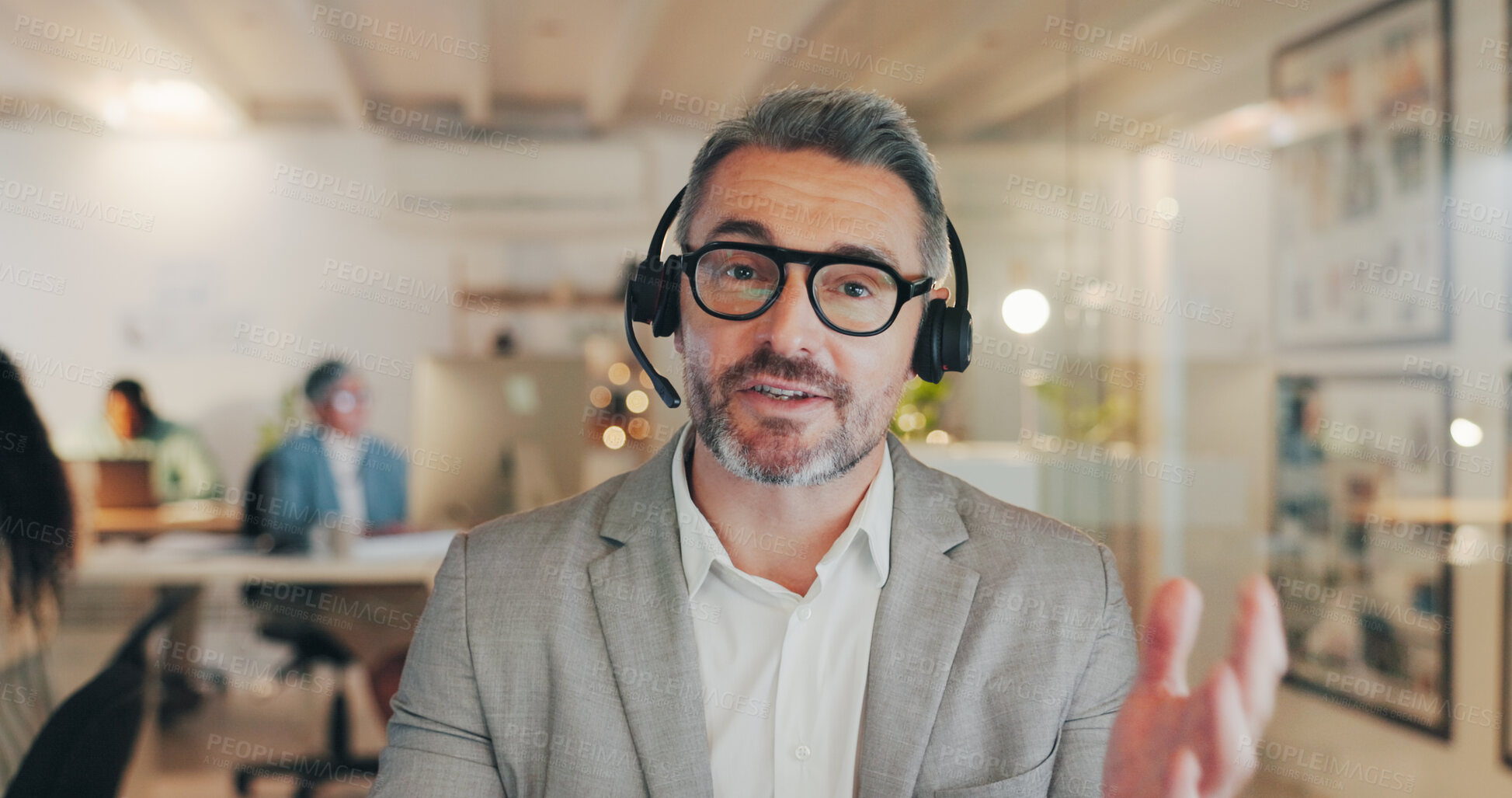 Buy stock photo Customer service, video call and portrait of man in call center for telemarketing, communication and webinar. Office, night and person with headset for online conference, crm support and consulting