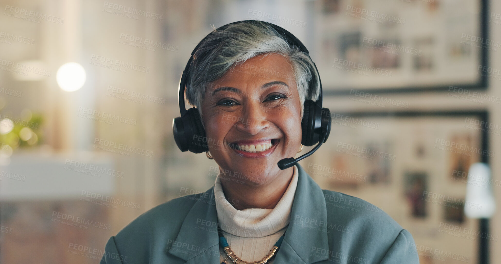 Buy stock photo Customer service, call center and portrait of mature woman for telemarketing, communication and help. Office manager, business and person with headset for contact, crm support and consulting at night