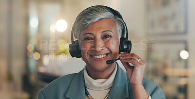 Buy stock photo Customer support, call center and portrait of woman at night for telemarketing, communication and help. Office, happy and person with headset for contact, crm service and consulting in New Zealand