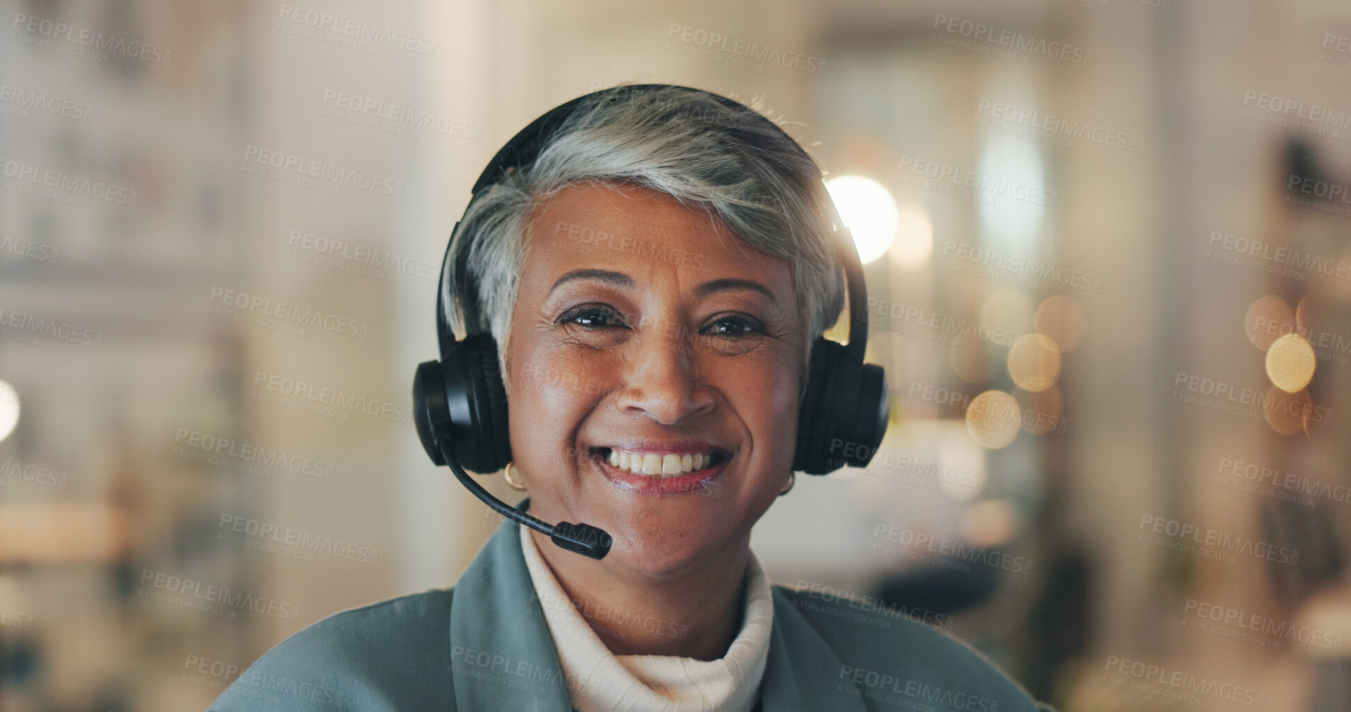 Buy stock photo Customer support, call center and portrait of mature woman for telemarketing, communication and help. Office, night and happy person with headset for contact, crm service and consulting in Brazil