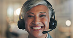 Customer service, call center and portrait of happy woman at night for online agent, communication and help. Office, headset and face of person for contact, crm support and consulting in New Zealand