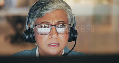 Buy stock photo Stress, customer support and mature woman in call center for service, telemarketing and crm business. Night, consulting and face of person on computer with worry for online mistake, crisis and error