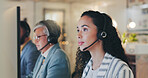 Call center, computer and businesswoman with microphone for support, telemarketing and consulting for service. Office, coworking and advisor with headset for listening, answer questions and helping