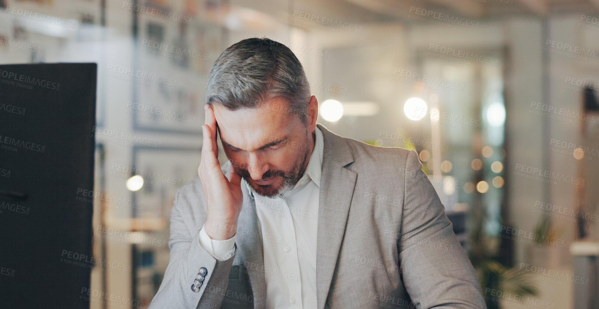 Buy stock photo Stress, headache and mature man at desk with computer, night work and frustrated with time management. Late, fatigue and tired businessman in office with burnout, anxiety and online deadline pressure