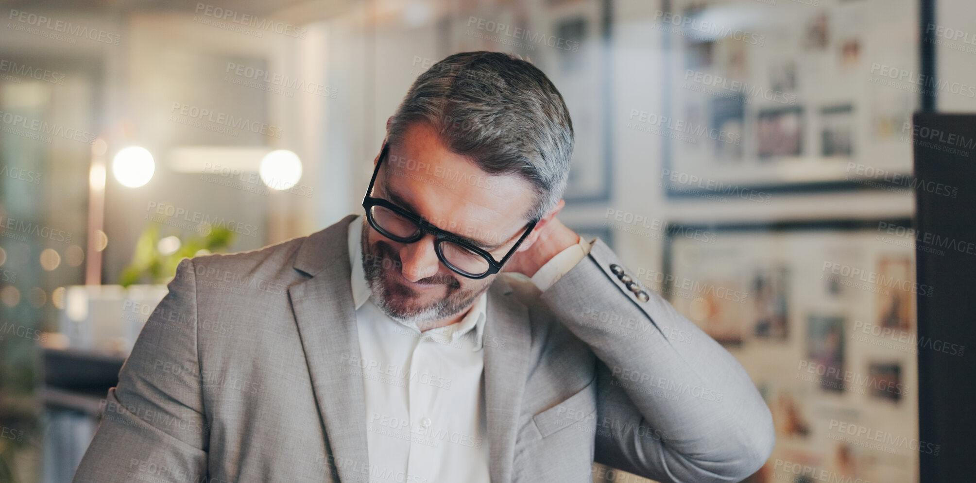 Buy stock photo Stress, neck pain and mature man in office with computer, night work and frustrated with time management. Late, fatigue and tired businessman at desk with burnout, anxiety or online deadline pressure