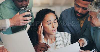 Buy stock photo Office, colleagues and businesswoman with anxiety for multitasking, chaos or lack of time management. Staff, female person or stress with paper for deadline, burnout or pressure for corporate project