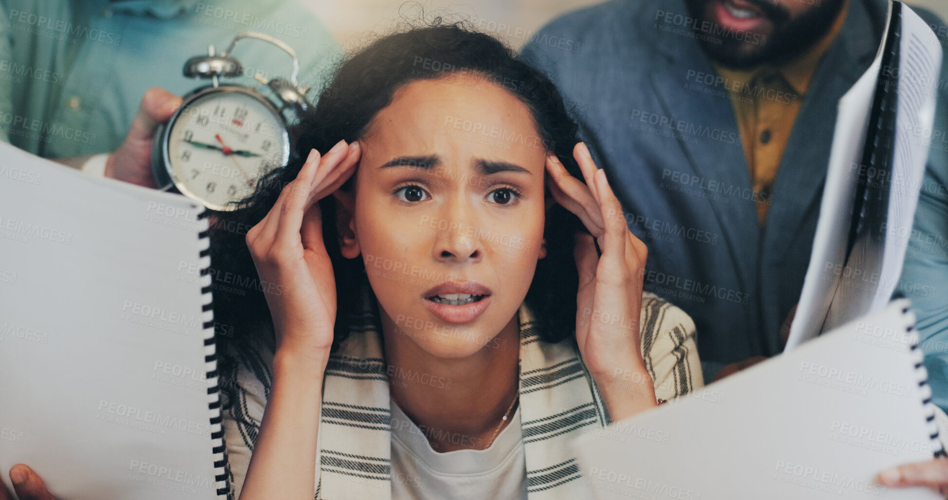 Buy stock photo Office, colleagues and businesswoman with headache for multitask, chaos and lack of time management. Staff, female person and stress with paper for deadline, burnout or pressure for corporate project