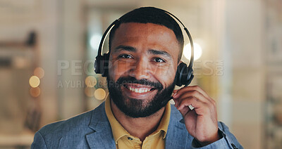 Buy stock photo Customer service, call center and portrait of man at night for telemarketing, communication and help. Office, professional and face of person with headset for contact, crm support and consulting