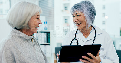 Buy stock photo Happy women, doctor and tablet with patient for healthcare results, exam or test at hospital. Senior female person, medical employee or surgeon with technology for elderly care or clinic consultation