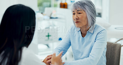 Buy stock photo Holding hands, doctor and senior patient on support for consultation with results, feedback and report on diagnosis. People, healthcare and sad for advice, help and discuss with kindness at clinic