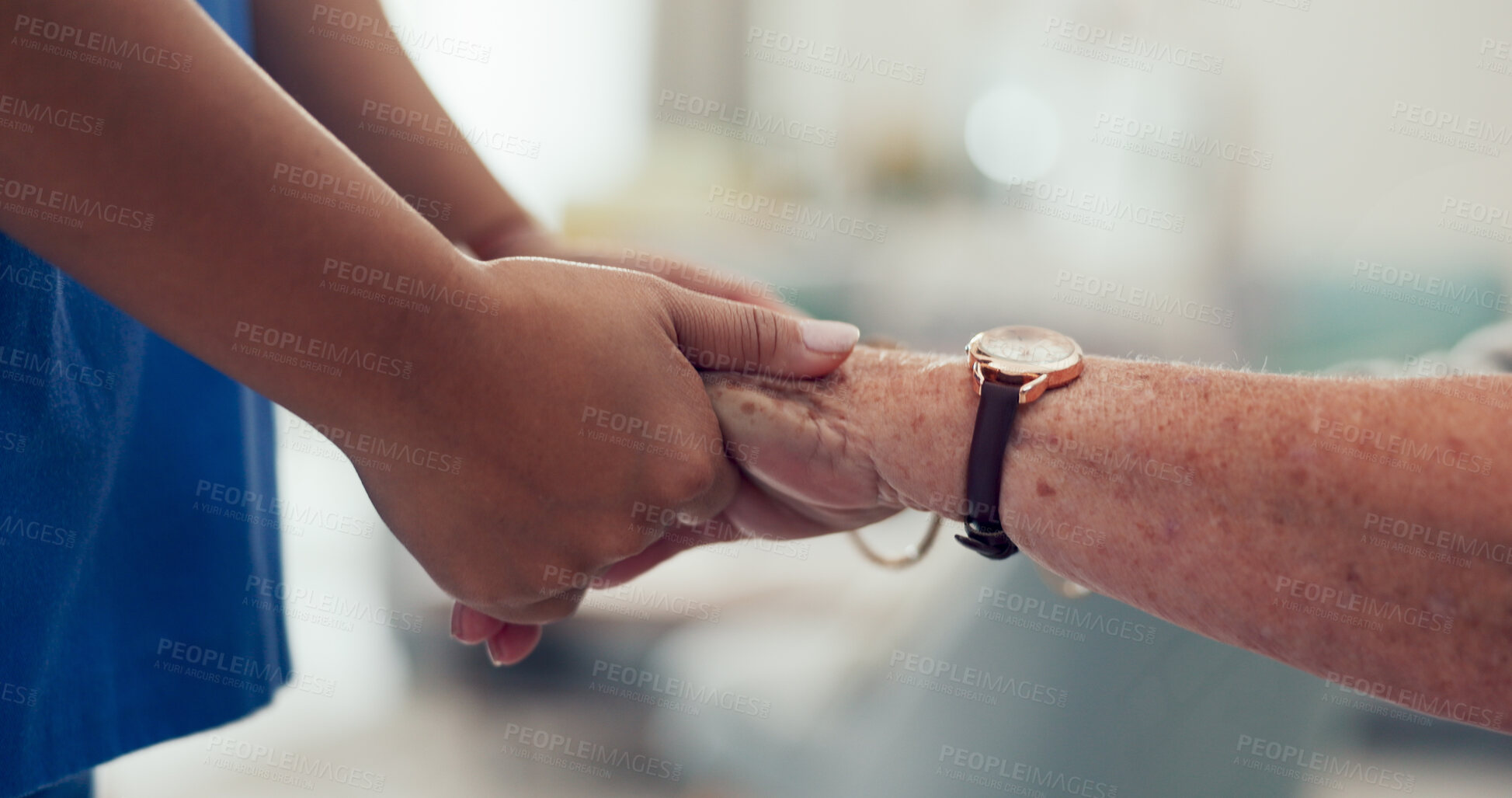 Buy stock photo Holding hands, caregiver and senior patient for support, trust and care at nursing home. Closeup, people and nurse with elderly person for help or assist as pensioner on retirement for kindness