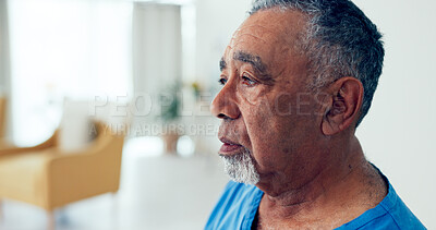 Buy stock photo Elderly man, thinking and stress in nursing home for retirement, nostalgia and grief for loss. Senior person, lonely and reflection in living room with sad memory, depression and anxiety for future