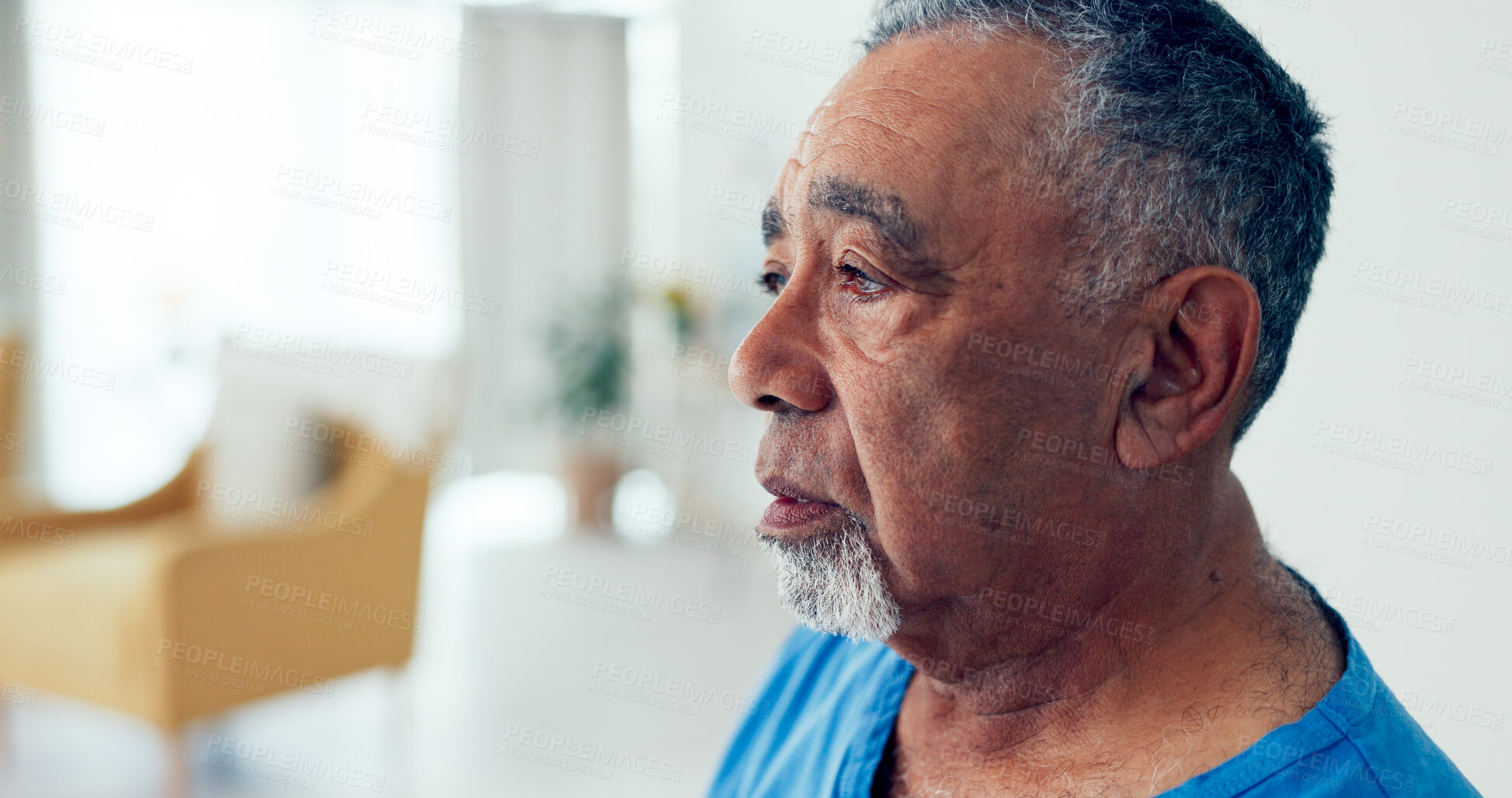 Buy stock photo Elderly man, thinking and stress in nursing home for retirement, nostalgia and grief for loss. Senior person, lonely and reflection in living room with sad memory, depression and anxiety for future