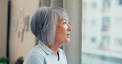 Buy stock photo Senior woman, thinking and window in nursing home for retirement, nostalgia and mindfulness. Elderly person, comfort or remember in living room with happy past memory, full life or morning reflection