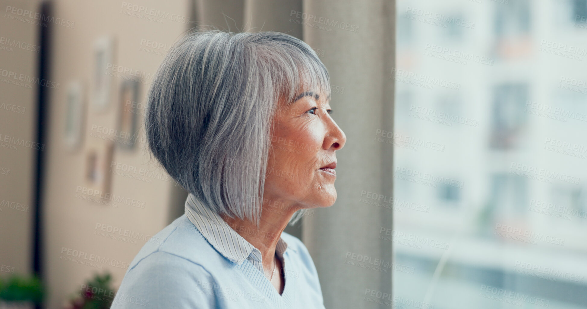 Buy stock photo Senior woman, thinking and window in nursing home for retirement, nostalgia and mindfulness. Elderly person, comfort or remember in living room with happy past memory, full life or morning reflection