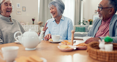 Buy stock photo Laughing, tea and senior friends at table for conversation, snacks and retirement together in house. Happy group, party and man speaking with elderly women for breakfast, communication and bonding