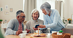 Smartphone, tea and senior friends at table for funny meme, snacks and retirement together in house. Group, memory and man with elderly women for breakfast, communication and bonding with smile