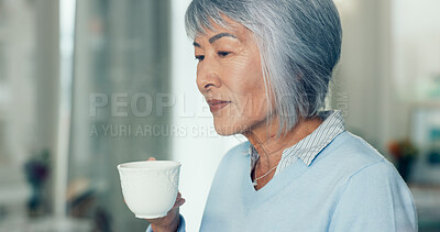 Buy stock photo Senior woman, coffee break and memory in retirement home with nostalgia, peace and calm. Elderly lady, relax and thoughtful in living room on sofa with gratitude, mindfulness and idea on lounge couch