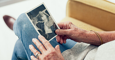 Buy stock photo Hands, home and senior woman with picture, memory and nostalgia with vintage, retro and love. Old person, apartment and pensioner in living room, photography and gratitude with retirement or remember