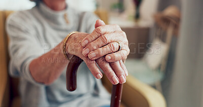 Buy stock photo Hands, walking stick and sofa in home for senior person with  disability, mobility and recovery from stroke. Elderly care, cane and support for steps, balance and relax on living room couch in house