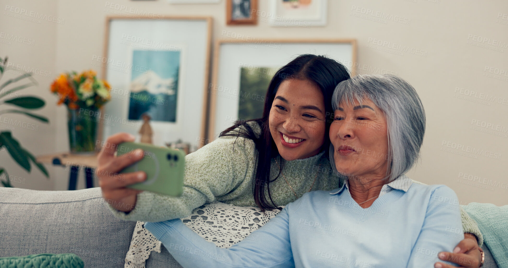 Buy stock photo Senior mom, daughter and happy on selfie at home for social media and profile picture on couch. Retirement, pensioner and smile as parent with bonding, memories and support for unity, love and trust