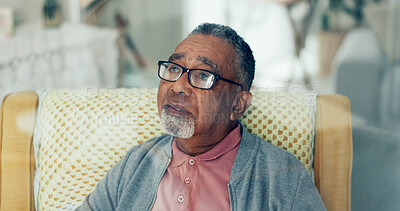 Buy stock photo Elderly man, thinking and glasses in nursing home for retirement, nostalgia and grief for loss. Senior person, lonely and reflection in living room with sad memory, depression and anxiety for future