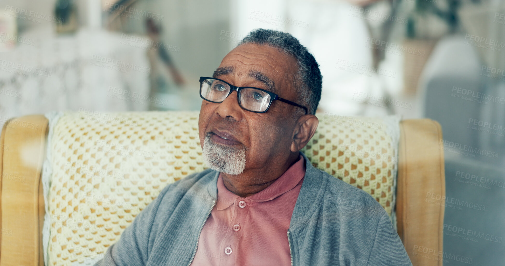 Buy stock photo Elderly man, thinking and glasses in nursing home for retirement, nostalgia and grief for loss. Senior person, lonely and reflection in living room with sad memory, depression and anxiety for future