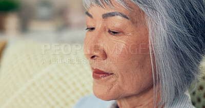 Buy stock photo Senior woman, thinking and peace in nursing home for retirement, nostalgia and mindfulness. Elderly person, face or remember in living room with happy past memory, full life and reflection for future