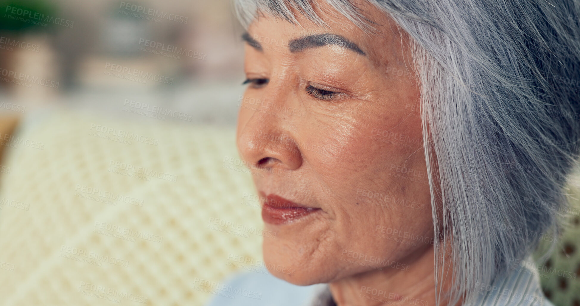 Buy stock photo Senior woman, thinking and peace in nursing home for retirement, nostalgia and mindfulness. Elderly person, face or remember in living room with happy past memory, full life and reflection for future