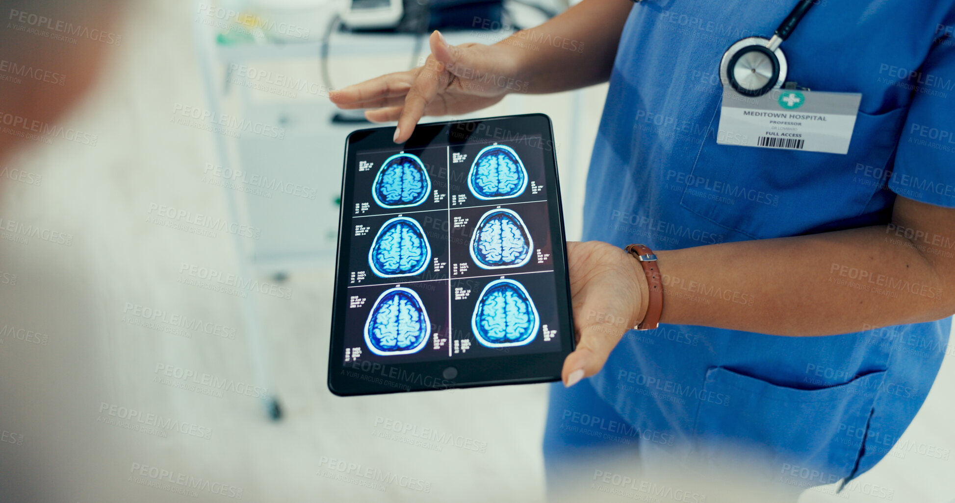 Buy stock photo Nurse, hands and brain scan with tablet for medical exam, test or results at hospital. Top view, healthcare employee or radiologist with technology, screen or display for CT, xray or MRI at clinic