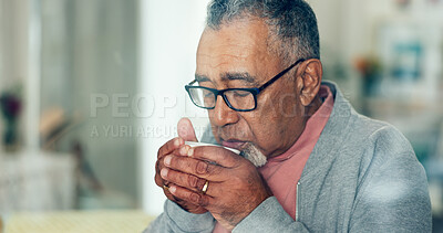 Buy stock photo Senior man, smell and coffee cup in home with memory, thinking and nostalgia in morning for retirement. Elderly person, tea and aroma with reflection, drink and perspective in living room at house