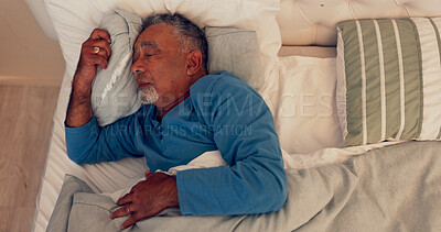 Buy stock photo Sleeping, rest and senior man on bed for comfort with duvet, mattress and pillow in home. Relax, calm and elderly male person in retirement with afternoon nap in bedroom on weekend in house.