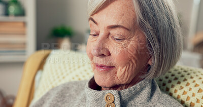 Buy stock photo Senior woman, thinking and memory in retirement home with nostalgia, peace and calm. Elderly lady, relax and thoughtful in living room on sofa with gratitude, mindfulness and idea on lounge couch