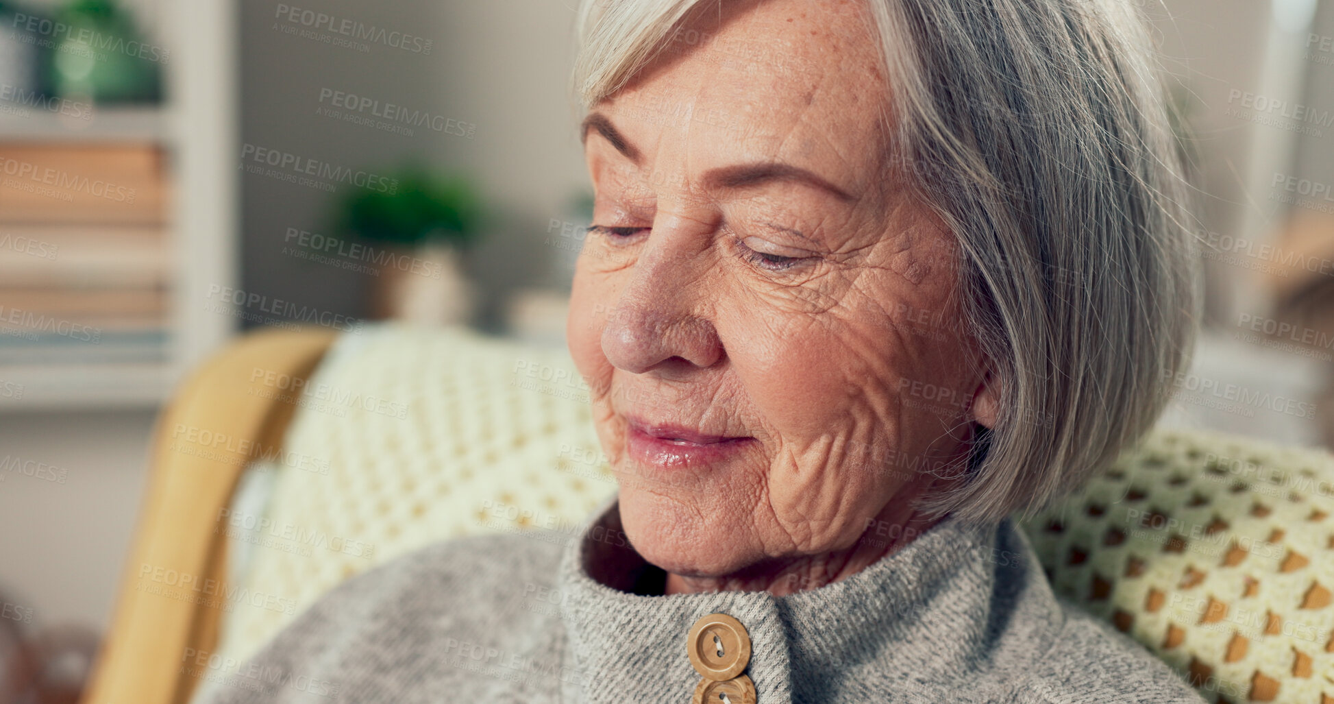 Buy stock photo Senior woman, thinking and memory in retirement home with nostalgia, peace and calm. Elderly lady, relax and thoughtful in living room on sofa with gratitude, mindfulness and idea on lounge couch