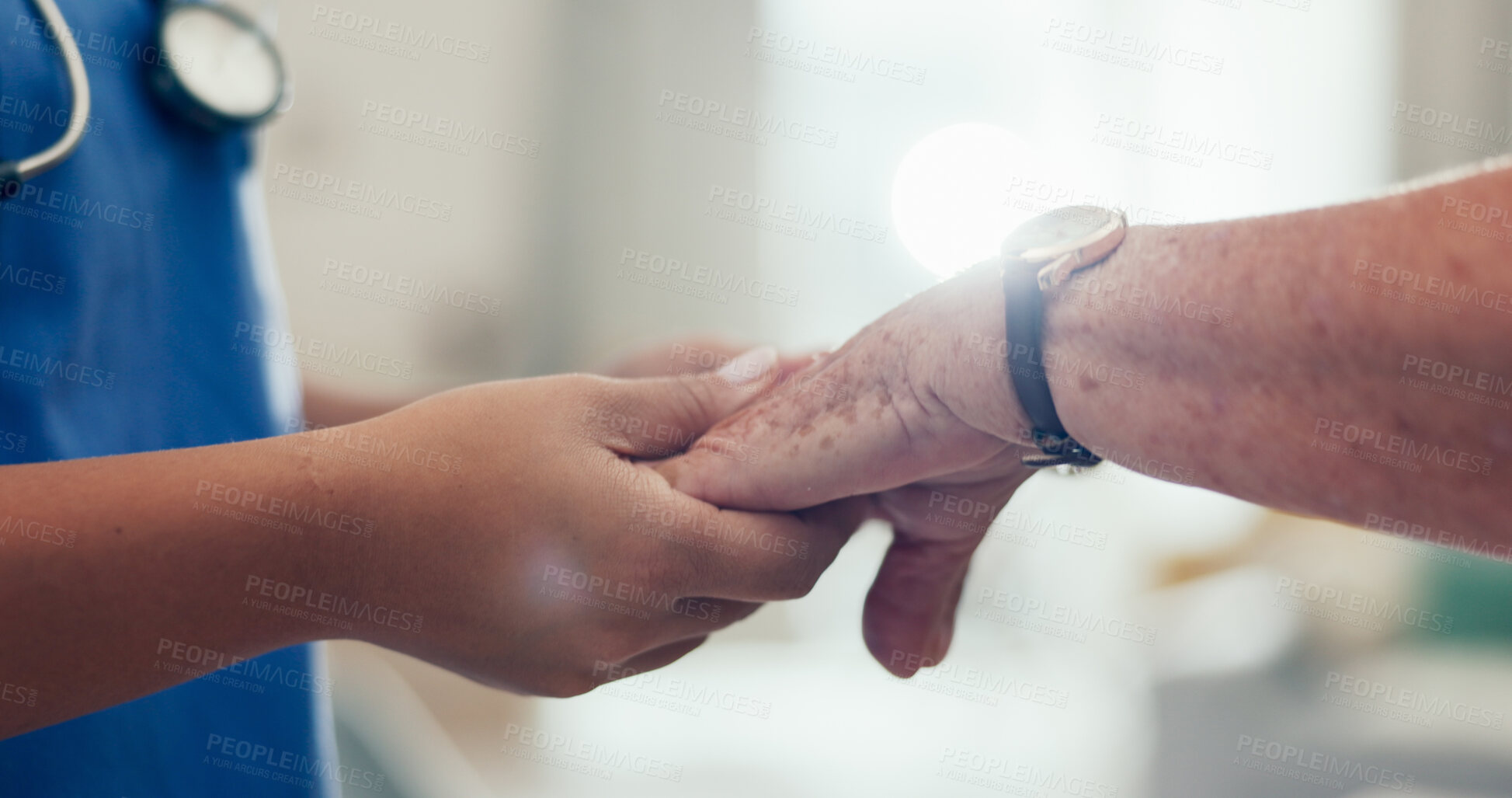 Buy stock photo Nurse, elderly care and holding hands with patient for healthcare, support or assisted living at old age home. Closeup, medical employee or caregiver with senior or touch for empathy or help at house