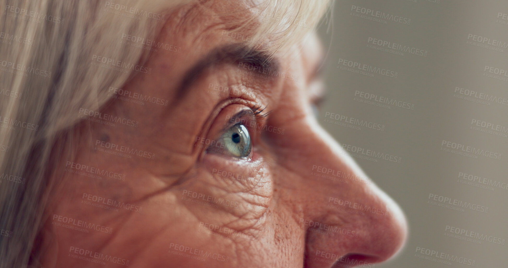 Buy stock photo Senior, eyes and vision with closeup of woman for medical exam, thinking and optometry. Wrinkles, retirement and healthcare with person for eyesight wellness, contact lens and ophthalmology test