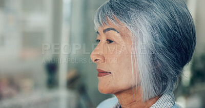 Buy stock photo Senior woman, thinking and relax in nursing home for retirement, nostalgia and anxiety for future. Elderly person, lonely and reflection in living room with past memory, depression and life questions