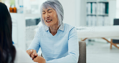 Buy stock photo Holding hands, doctor and happy with senior patient for consultation with good news on results for diagnosis. Women, healthcare and smile for advice, help and discuss with kindness at clinic