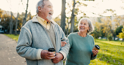 Buy stock photo Senior couple, park and morning walk with conversation, love and bonding together with health. Wellness, marriage and retirement with outdoor, communication and coffee on urban garden path on date