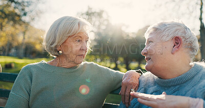 Buy stock photo Friends, conversation and senior women in park for bonding, talking and relax together outdoors in morning. Happy, retirement and elderly people on bench in discussion, chat and laughing in nature