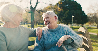 Buy stock photo Friends, happy and senior women in park for bonding, conversation and relax together outdoors. Morning, retirement and elderly people on bench talking, chatting and laughing in nature for fresh air