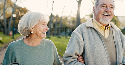 Buy stock photo Senior couple, park and morning walking with conversation, love and bonding together with health. Wellness, marriage and retirement with outdoor, communication and chat on urban garden path on date