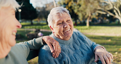 Buy stock photo Friends, happy and senior women in park for bonding, conversation and relax together outdoors. Friendship, retirement and elderly people on bench talking, chat and laughing in nature for wellness