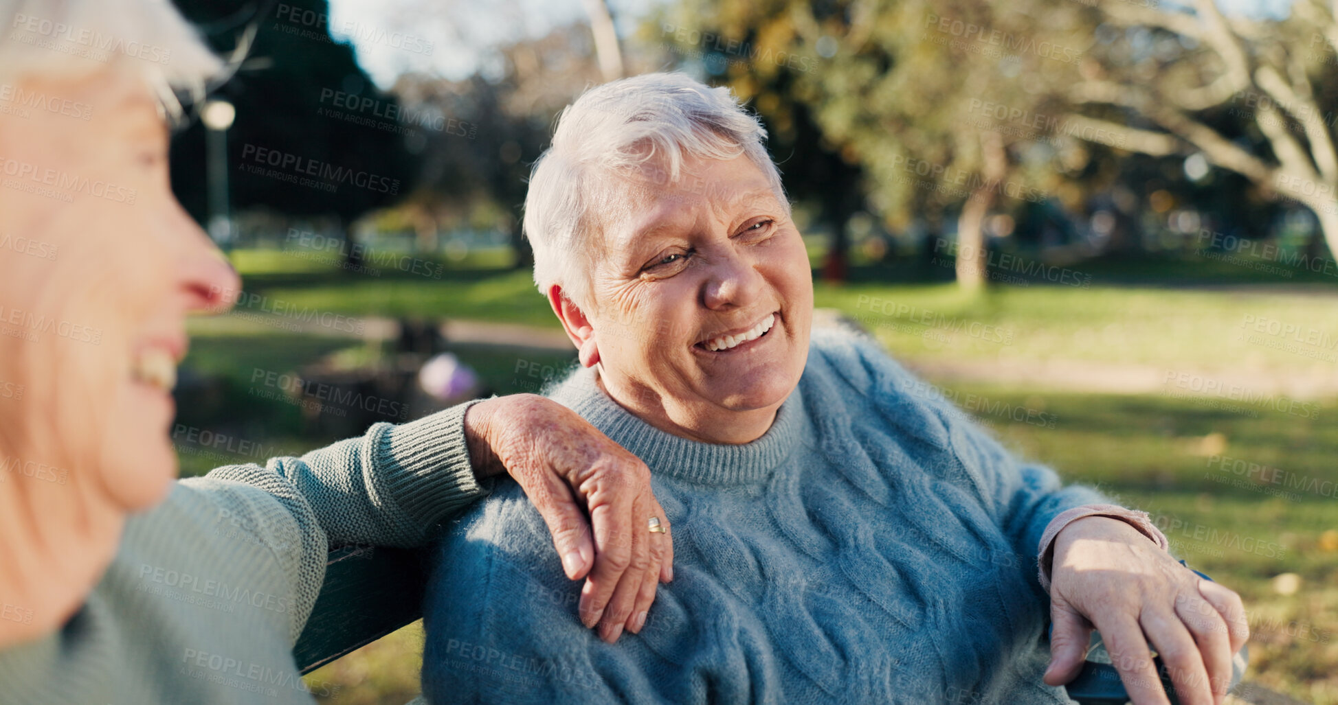 Buy stock photo Friends, happy and senior women in park for bonding, conversation and relax together outdoors. Friendship, retirement and elderly people on bench talking, chat and laughing in nature for wellness