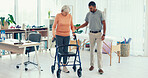 Physiotherapy, walking frame and man with patient for rehabilitation, mobility and medical service. Healthcare, recovery and chiropractor with senior woman for help, wellness and physical therapy