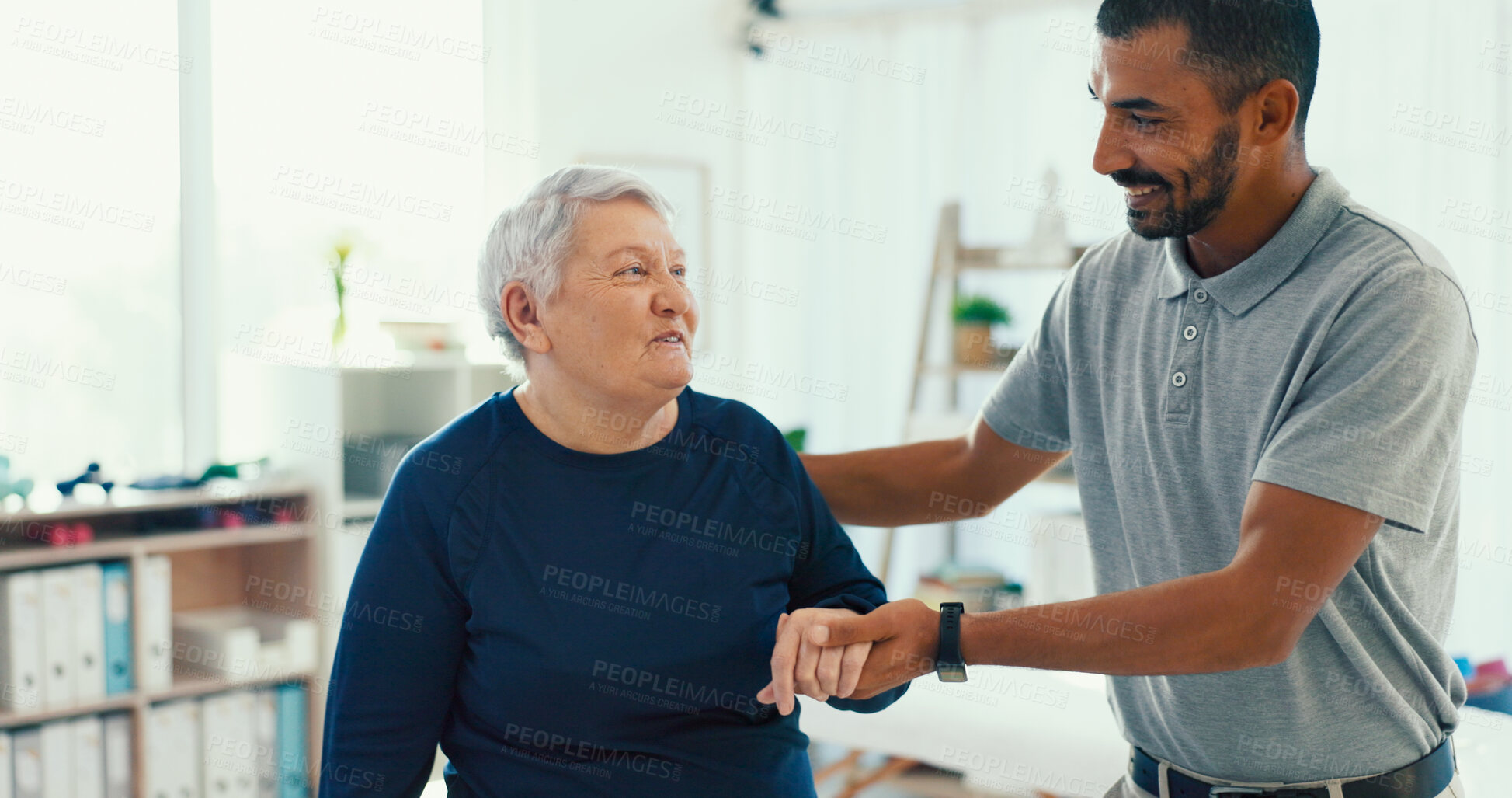 Buy stock photo Help, physiotherapy and man with mature patient for mobility, medical service and consulting. Healthcare, chiropractor and person with senior woman for rehabilitation, recovery and physical therapy