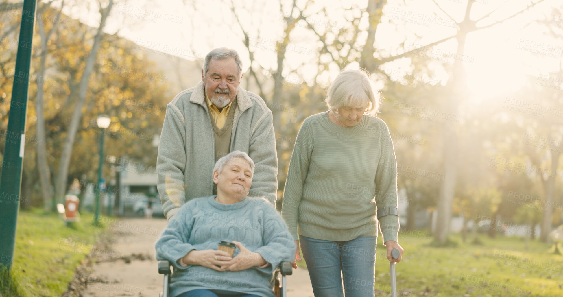 Buy stock photo Senior friends, happy and wheelchair at park for walking exercise on retirement in Germany. People, person with a disability and smile with cane for support, bonding and care outdoor as pensioner